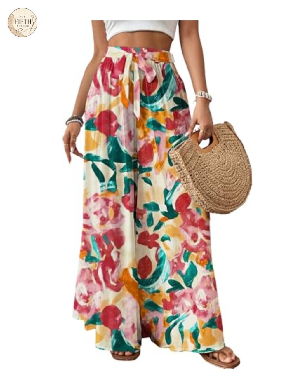 Women Flowy Palazzo Pants Wide Leg High Waist Floral Print Belted Beach